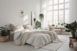 Sovrum med ljusa färger och mysig stor säng